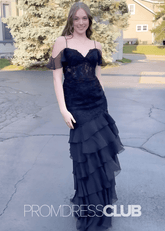 Frances | Long Black Prom Dresses Mermaid V Neck Spaghetti Straps Tulle with Slit - Black - PromDressClub